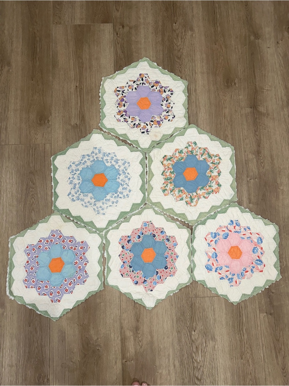 Handmade Floral Hexagon Quilt placemats,made from cutter quilt.
